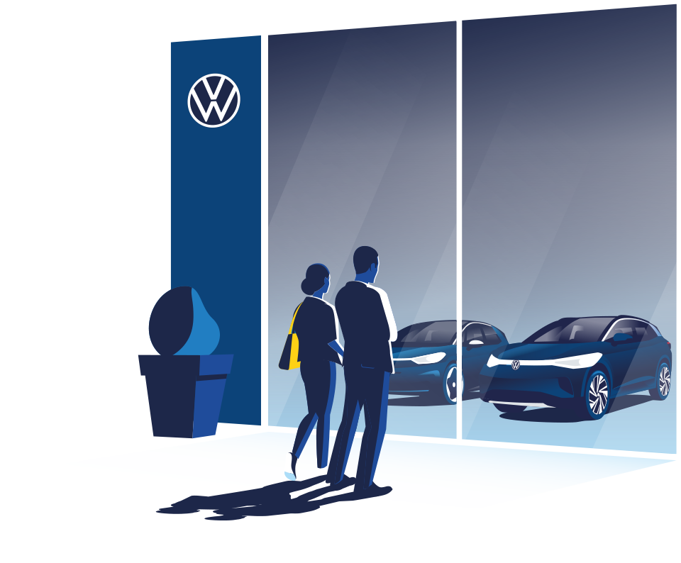 two people standing-in-front of a vw-dealer and looking at the id